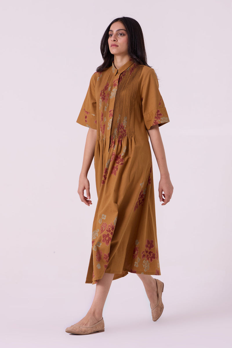 Minerva Floral Hand Printed Midi Dress hand block printed handwoven khadi x cotton dress by The Summer House in brown for women in Singapore