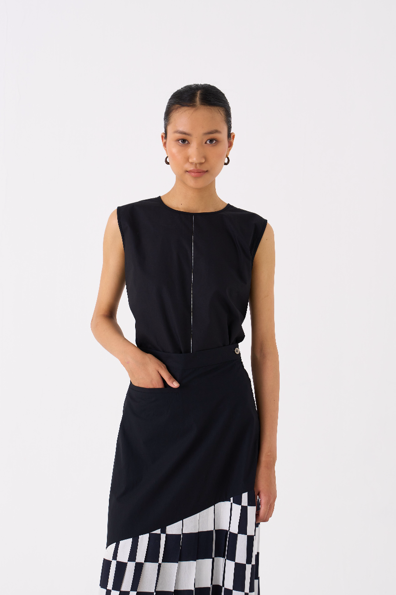CHECKERED SKIRT CO-ORD 
(SET OF 2)-
BLACK poplin by THREE in black color for women in Singapore
