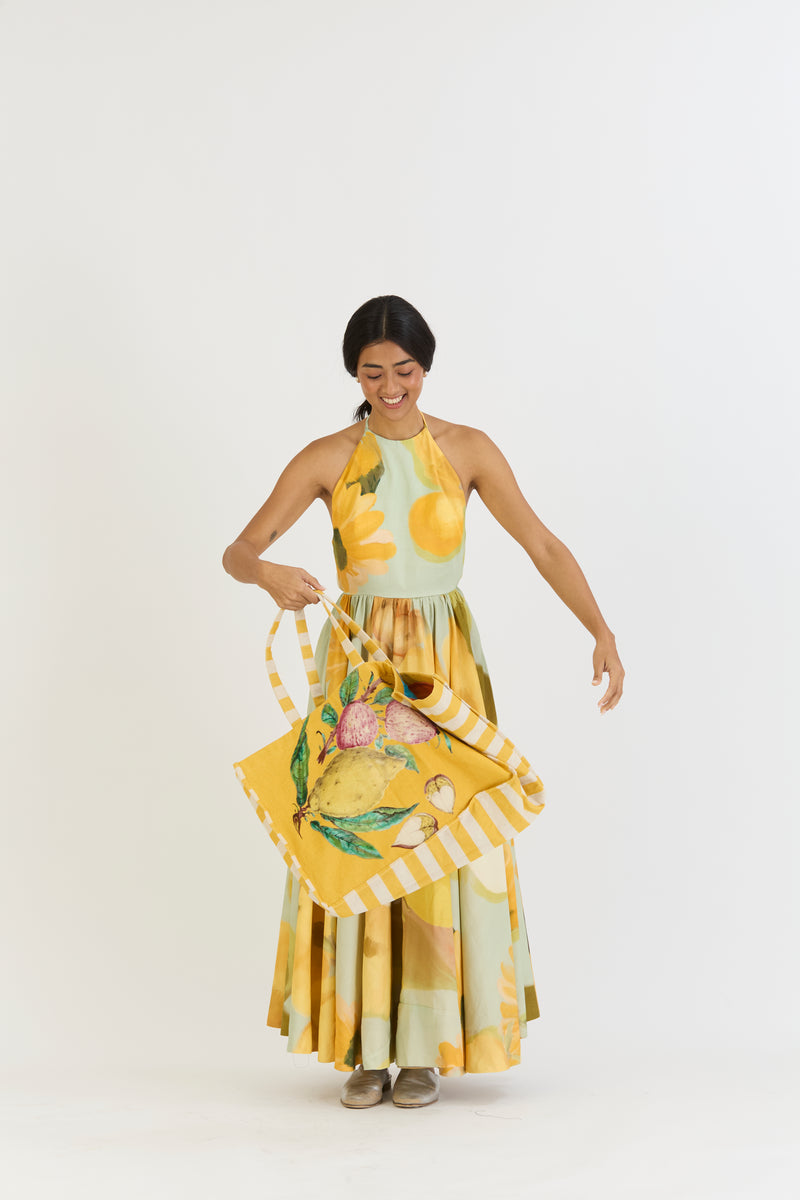 LEMONADE HALTER NECK DRESS satin by Yam in yellow color for women in Singapore