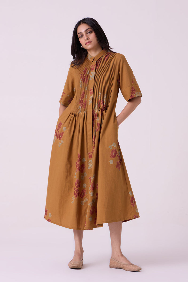 Minerva Floral Hand Printed Midi Dress hand block printed handwoven khadi x cotton dress by The Summer House in brown for women in Singapore