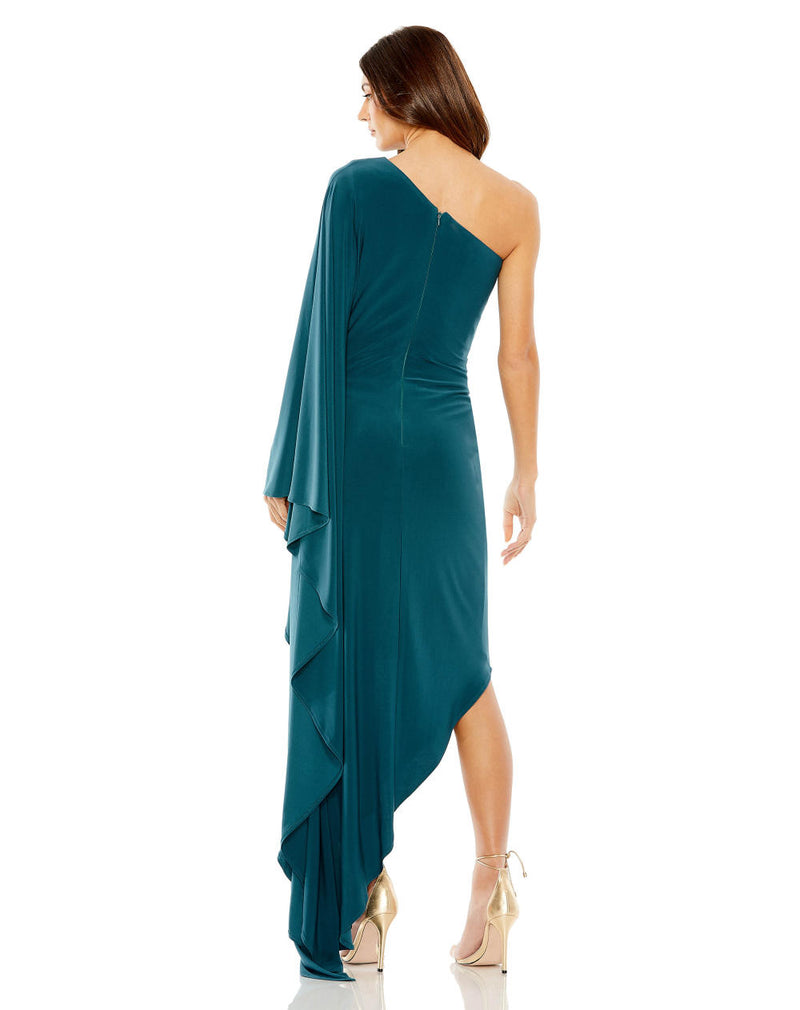 20673-One Shoulder Cape Sleeve Ruched Detail Jersey Gown by Mac Duggal for women in Singapore