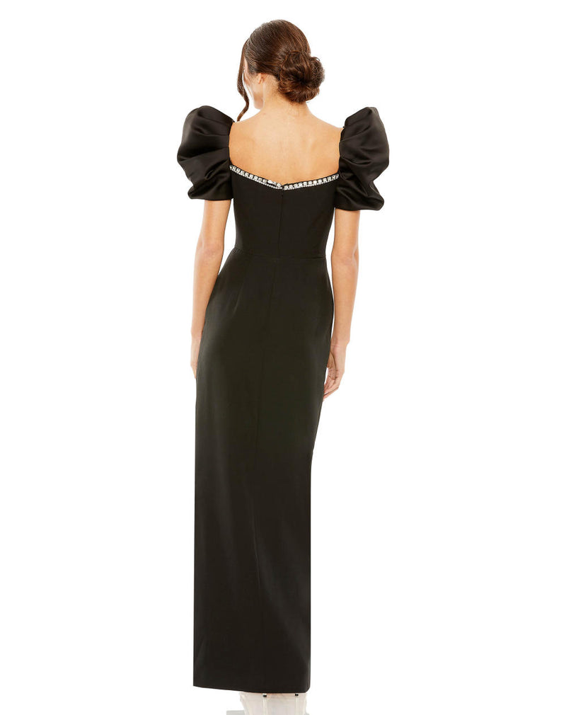 20687-Puff Sleeve Beaded Sweetheart Neck High Slit Gown satin by Mac Duggal in black color for women in Singapore