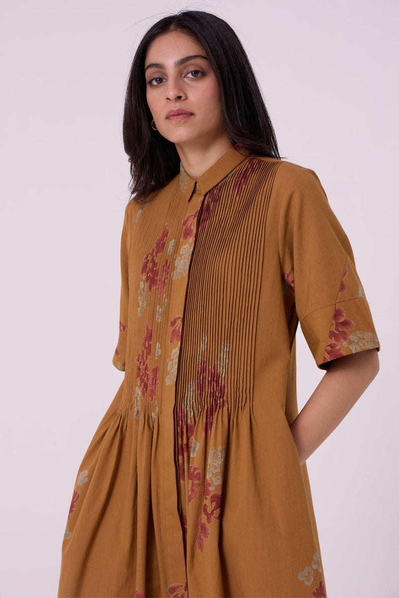 Minerva Floral Hand Printed Midi Dress hand block printed handwoven khadi x cotton dress by The Summer House in brown for women in Singapore