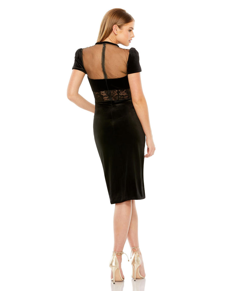 20742-Short Sleeve Sheer Top Lace Bustier Dress by Mac Duggal in black color for women in Singapore