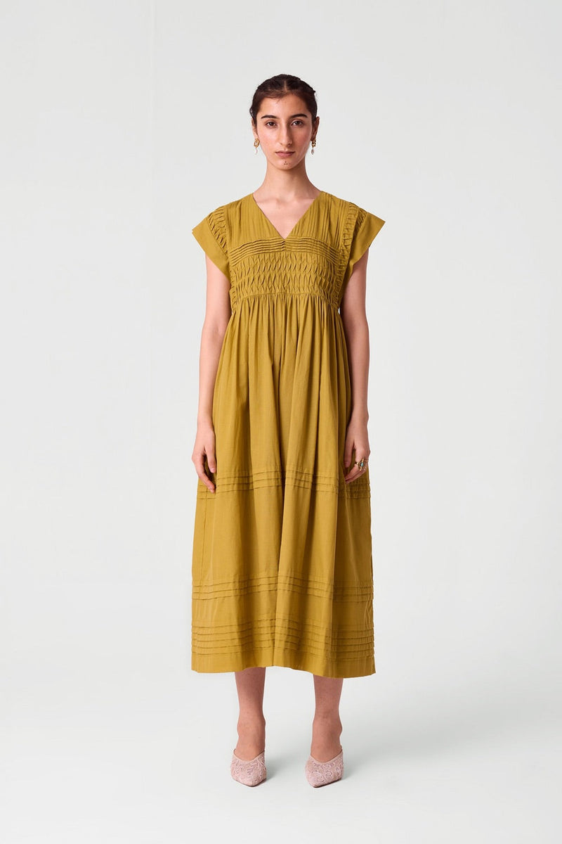 Aelia Yellow Pleated Midi Dress