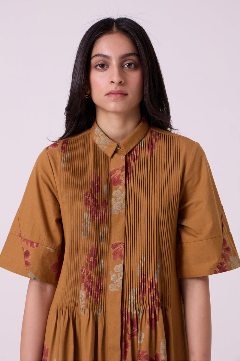 Minerva Floral Hand Printed Midi Dress hand block printed handwoven khadi x cotton dress by The Summer House in brown for women in Singapore