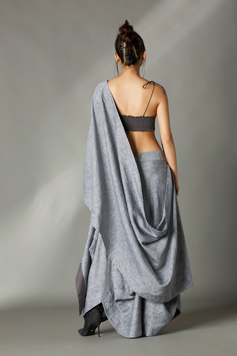 Blaise Sari Skirt in Grey linen by Chola in grey color for women in Singapore