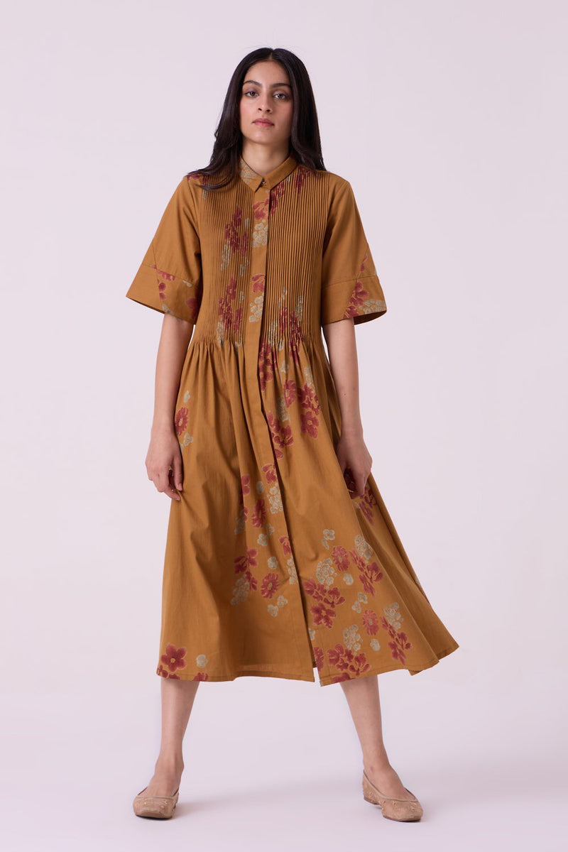 Minerva Floral Hand Printed Midi Dress hand block printed handwoven khadi x cotton dress by The Summer House in brown for women in Singapore