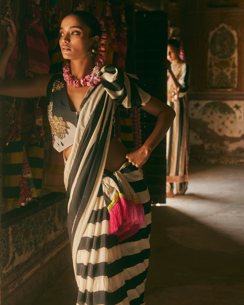 Khel Black And White Stripe Saree With Waistcoat Blouse by Rajiramniq in black color for women in Singapore