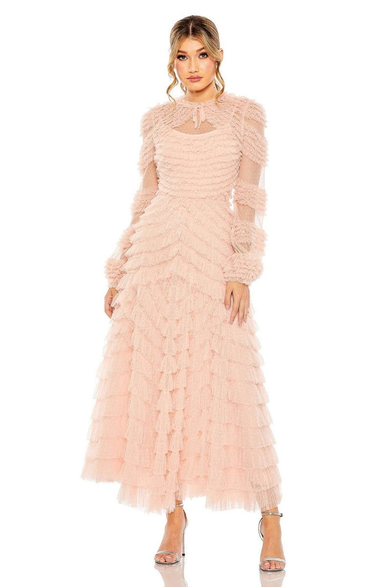 MD-8057 Overlay Frilled Dress-Peach by Mac Duggal in peach color for women in Singapore