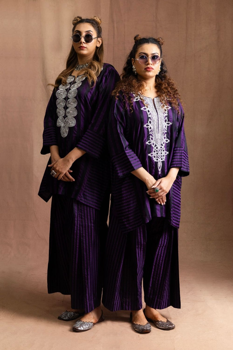 Silk Striped Farshi-Auberine & Black Stripes Pure Silk Kurta Set Sabo by Sabina — Canvas & Weaves Singapore