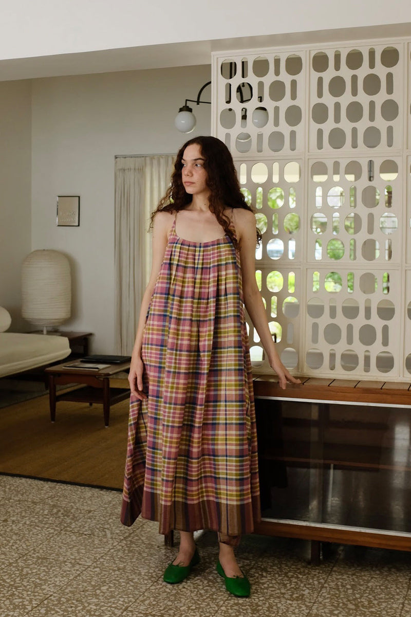 Kyra-Chatai Checks Dress handwoven cotton dress by MASON AND MILL in multi-color for women in Singapore