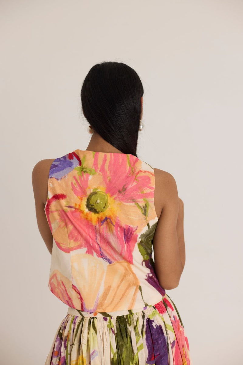 DOLLY WHITE WAISTCOAT & SKIRT SET cotton by Yam in multi color for women in Singapore