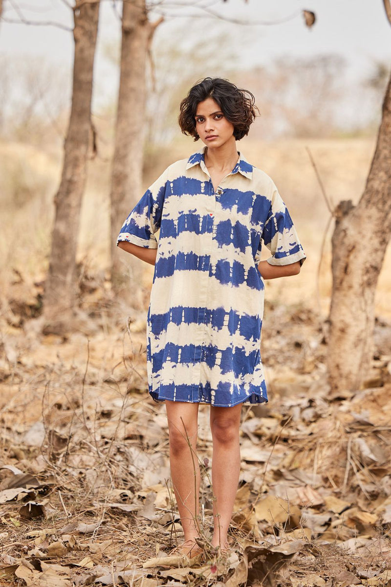 Barish shirt dress cotton by Khara Kapas in blue for women in Singapore