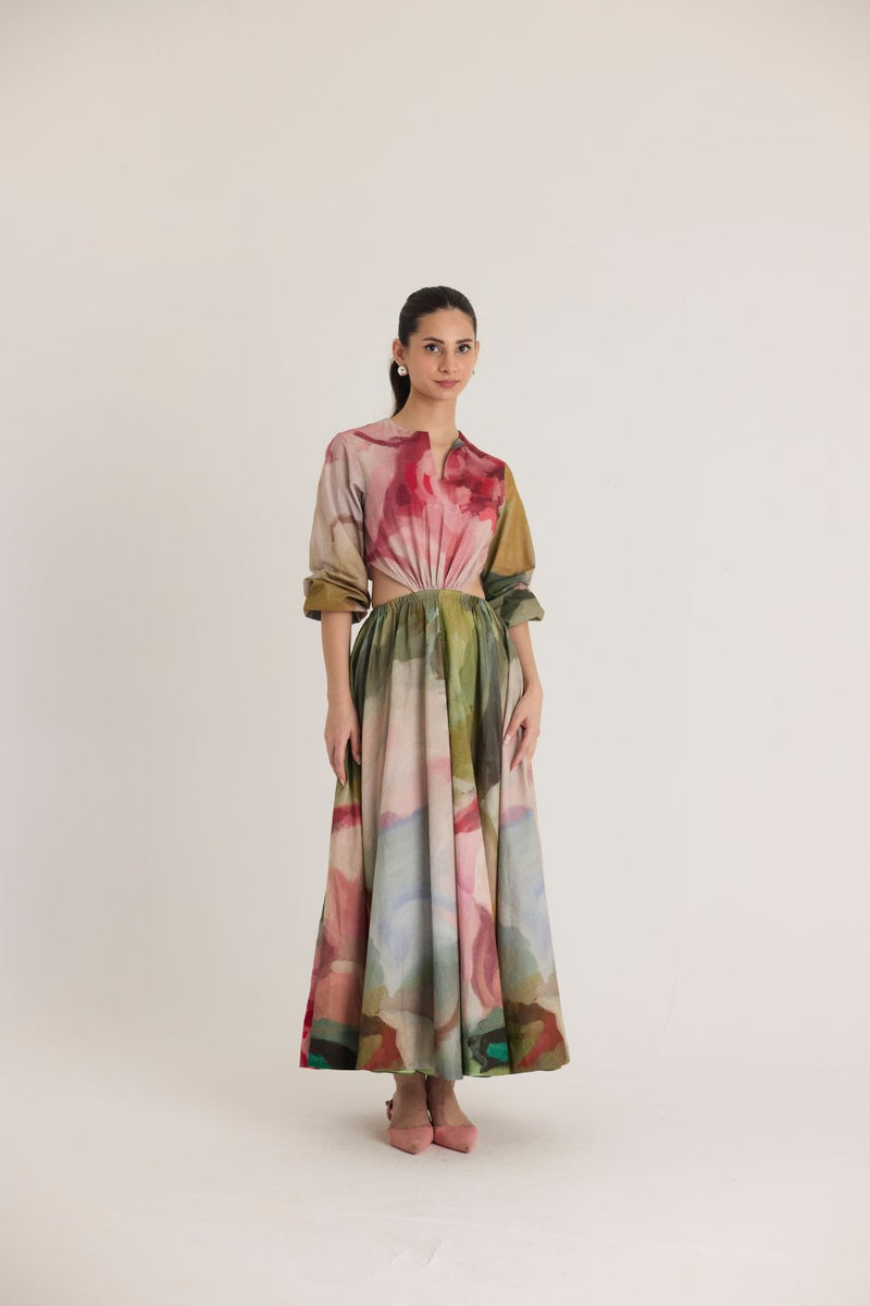 TILLY BOTH SIDE CUT DRESS poplin by Yam in multi color for women in Singapore