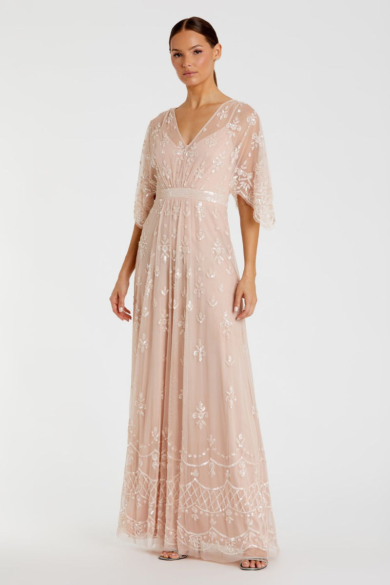 9144-Embelllished Bateau Cap Sleeve Column Gown by Mac Duggal in pink color for women in Singapore