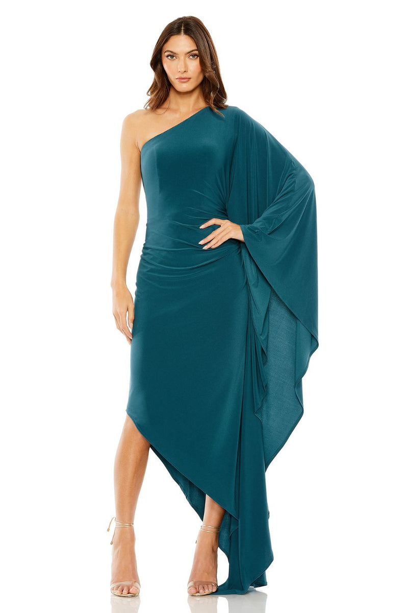 20673-One Shoulder Cape Sleeve Ruched Detail Jersey Gown by Mac Duggal for women in Singapore