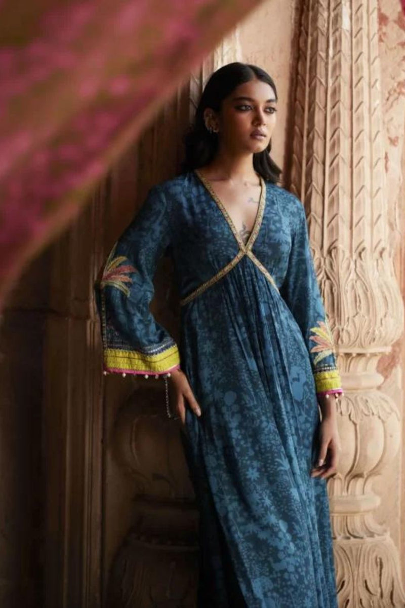 Nadira Teal Tree Bell Sleeve Kurta Set by Rajiramniq for women in Singapore