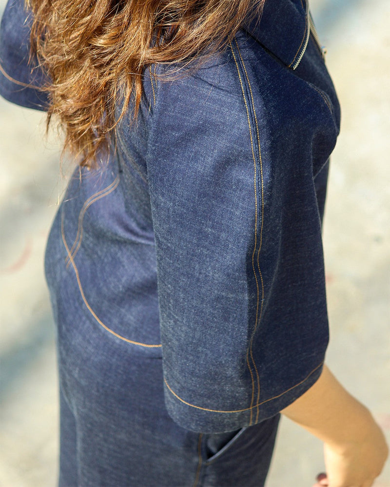 Denim Zip Top linen Buy Denim Zip Top from C&W | Tops And Shirts for Women by Leh Studios in blue color for women in Singapore