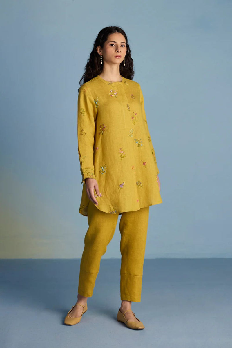 Anya Hand-Embroidered Floral Linen Co-ord Set - Ochre linen by Manan for women in Singapore