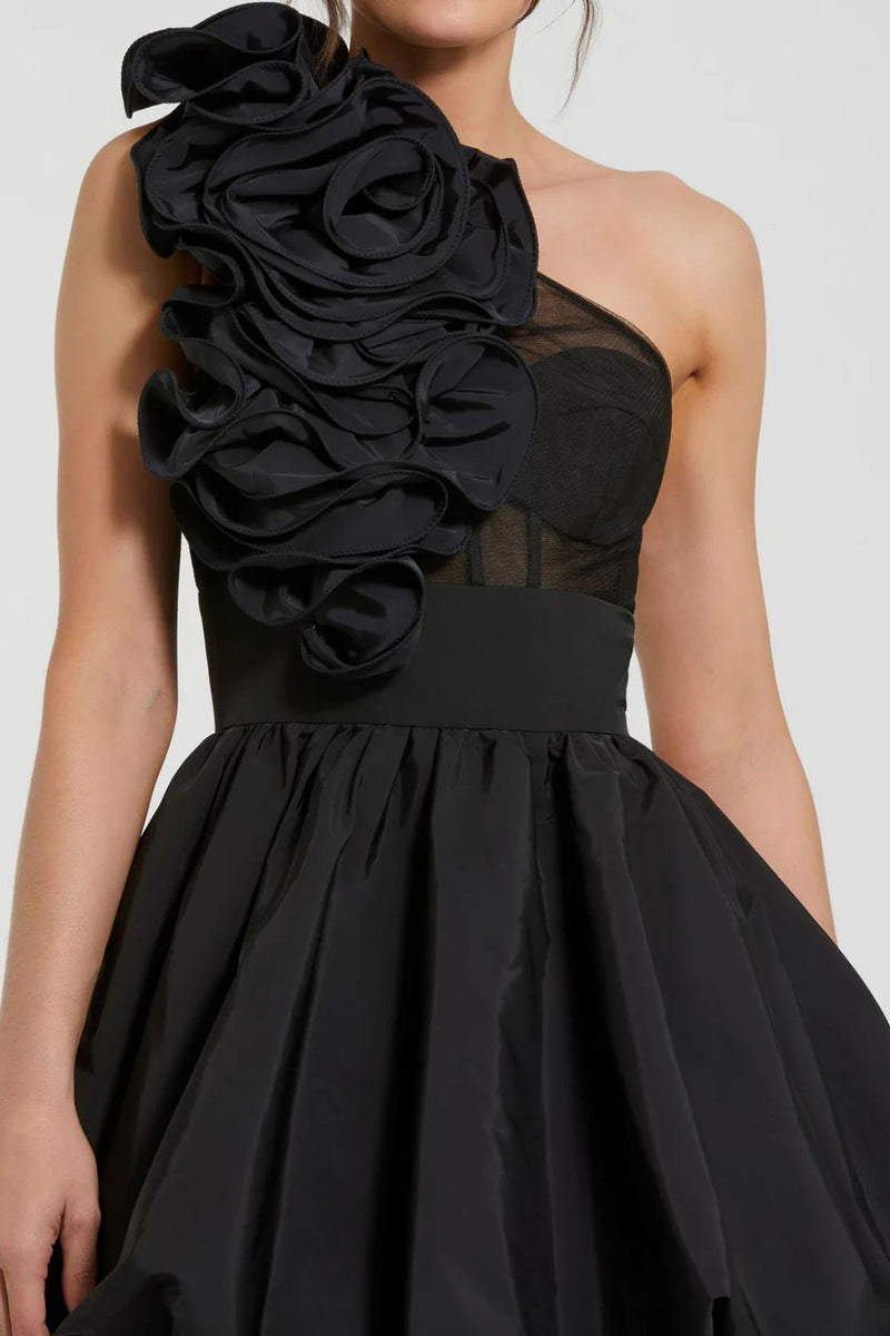 49858-Taffeta One Shoulder Ruffle Bubble Mini Dress by Mac Duggal in black color for women in Singapore