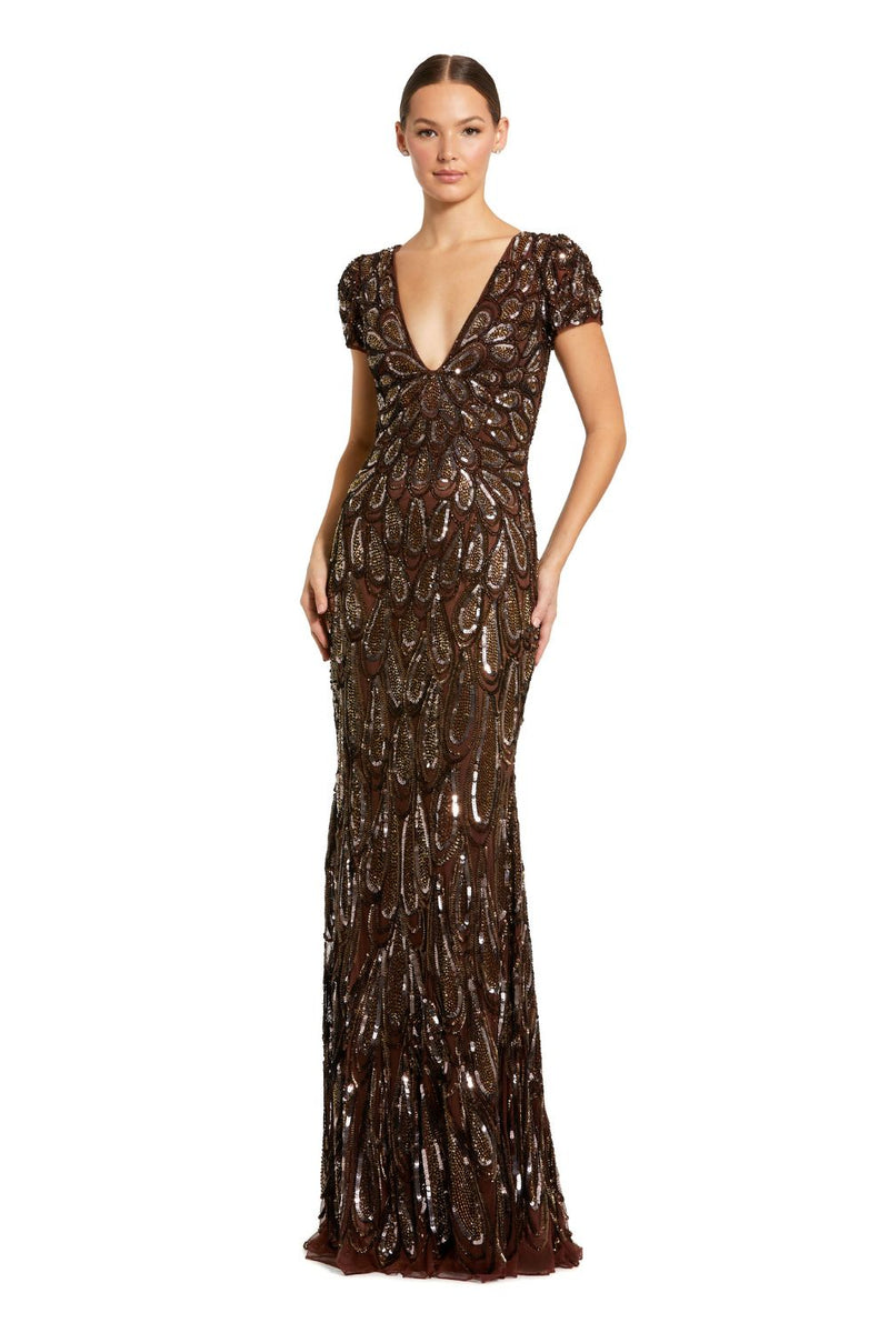 5243-Brown Beaded Embellished V Neck Cap Sleeve Column Gown by Mac Duggal in brown color for women in Singapore
