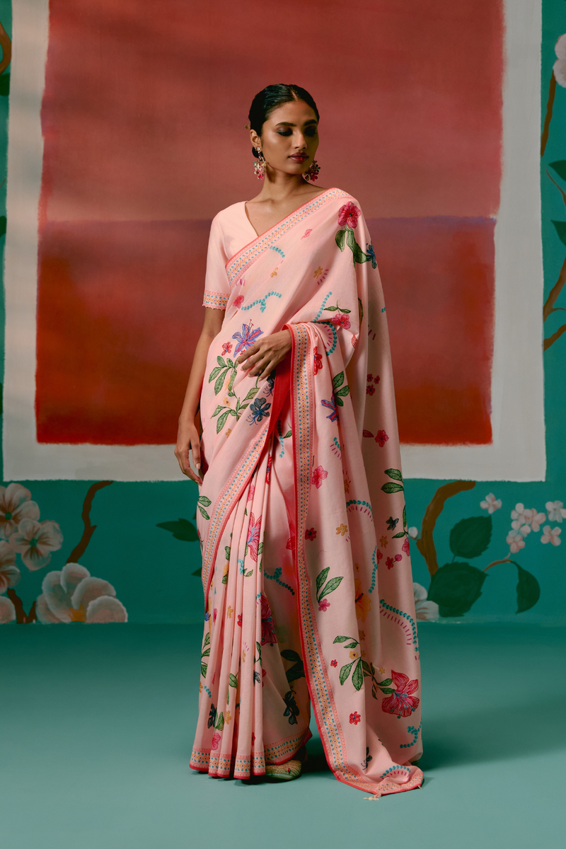 Dusty Pink Floral Saree chanderi Buy Dusty Pink Floral Saree from C&W | Saree for Women by Label Mogra in pink color for women in Singapore