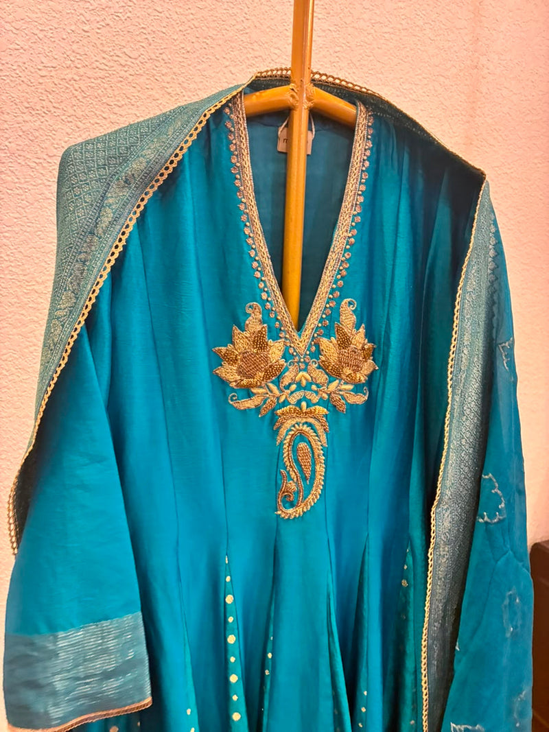 Parijat Kurta Set brocade, chanderi silk kurta/kurta set by Myoho in turqouise for women in Singapore