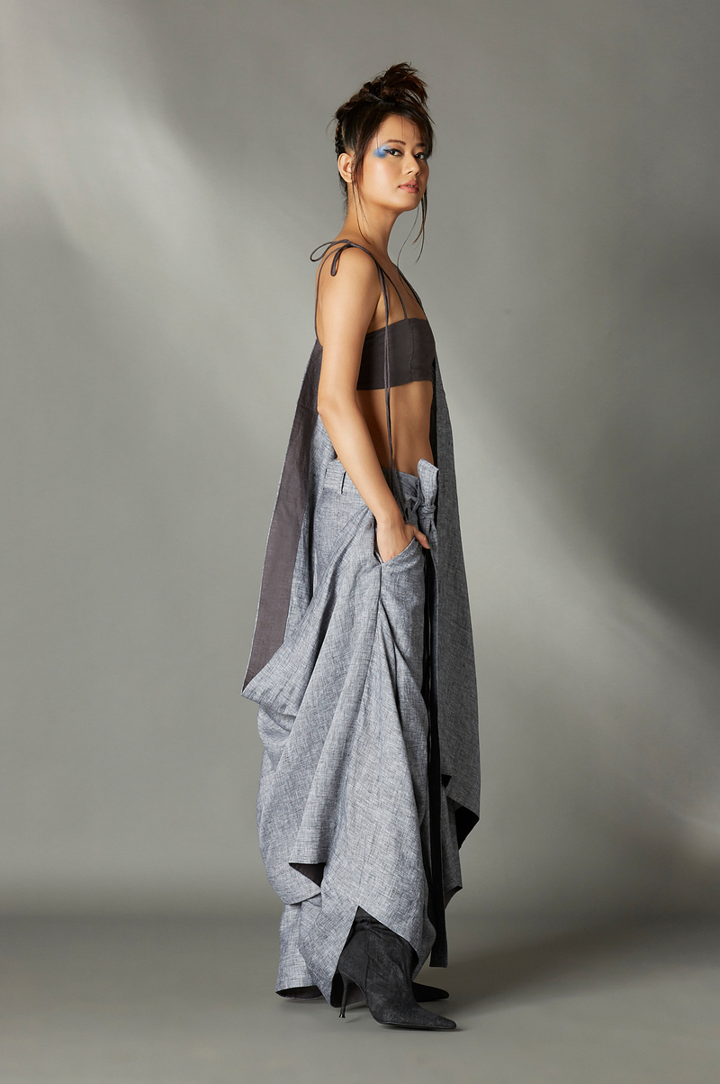 Blaise Sari Skirt in Grey linen by Chola in grey color for women in Singapore