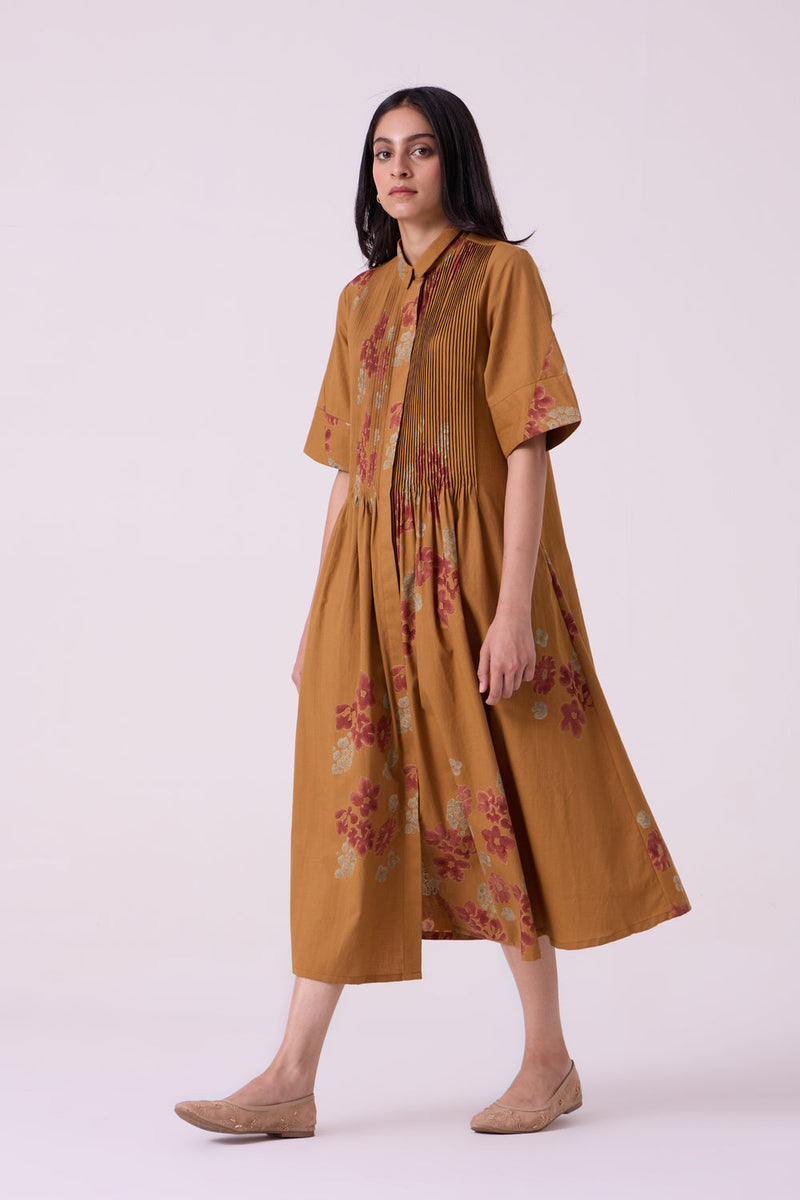 Minerva Floral Hand Printed Midi Dress hand block printed handwoven khadi x cotton dress by The Summer House in brown for women in Singapore