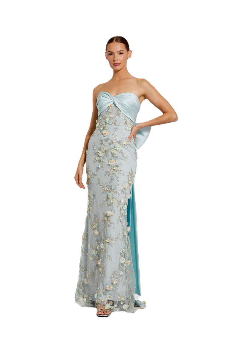 21102 - Blue Strapless Sweetheart Embellished Gown With Bow polyester evening gowns by Mac Duggal in blue for women in Singapore
