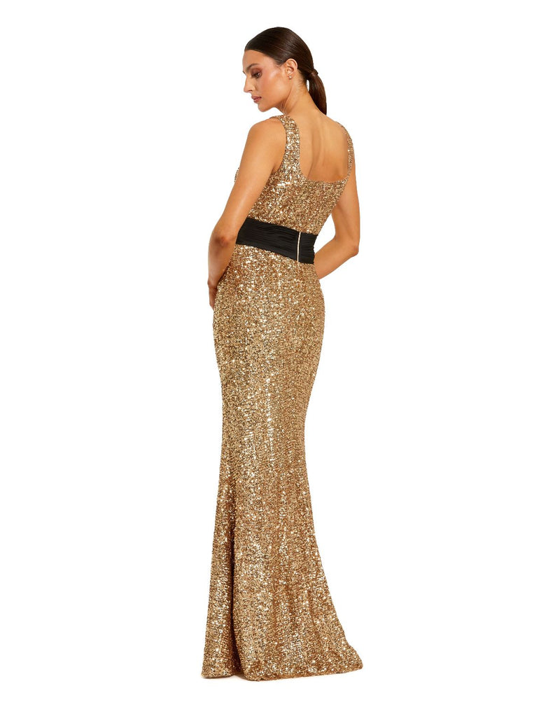 21160 - Gold Sequin Square Neck Column Gown With Faille Bow by Mac Duggal in gold color for women in Singapore
