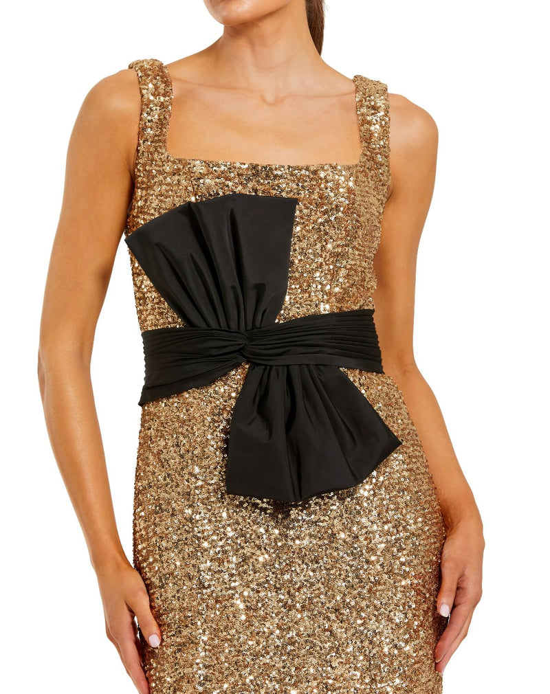 21160 - Gold Sequin Square Neck Column Gown With Faille Bow by Mac Duggal in gold color for women in Singapore