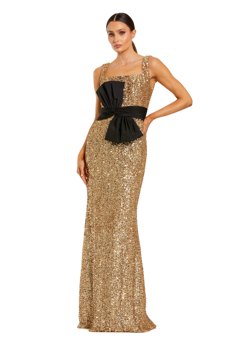 21160 - Gold Sequin Square Neck Column Gown With Faille Bow by Mac Duggal in gold color for women in Singapore