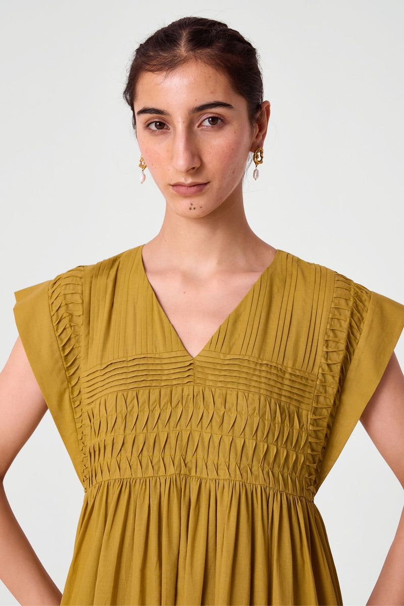 Aelia Yellow Pleated Midi Dress