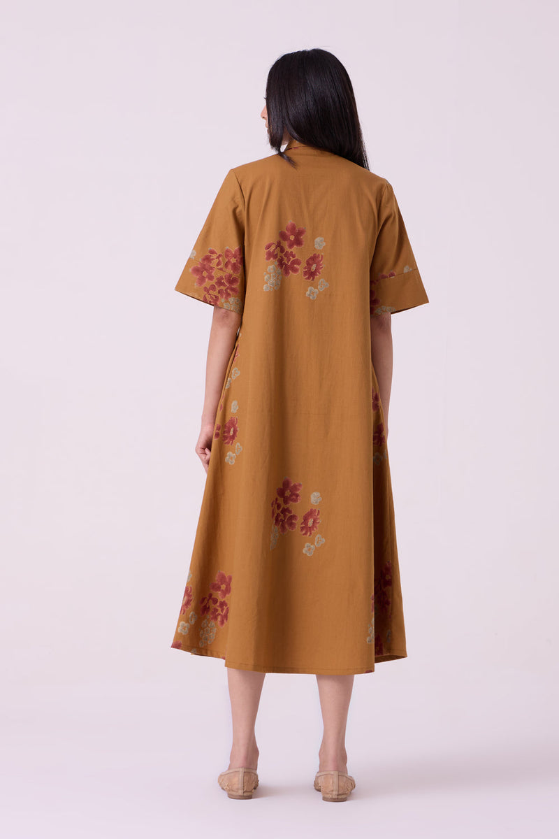 Minerva Floral Hand Printed Midi Dress hand block printed handwoven khadi x cotton dress by The Summer House in brown for women in Singapore