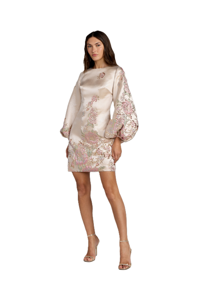 21256 - Ivory Brocade High Neck Long Sleeve Mini Dress polyester cocktail/party dress by Mac Duggal in ivory for women in Singapore