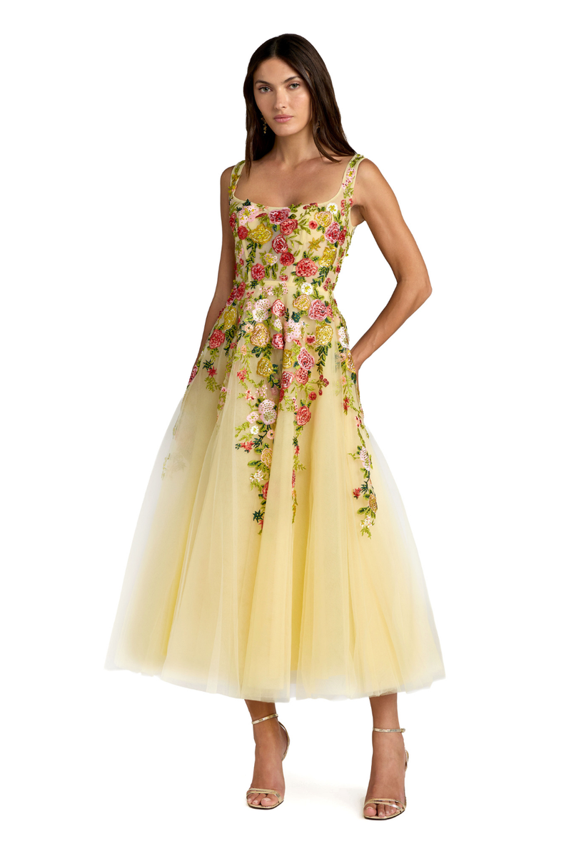 21294 - Yellow Embroidered Floral A-Line Dress by Mac Duggal in yellow color for women in Singapore