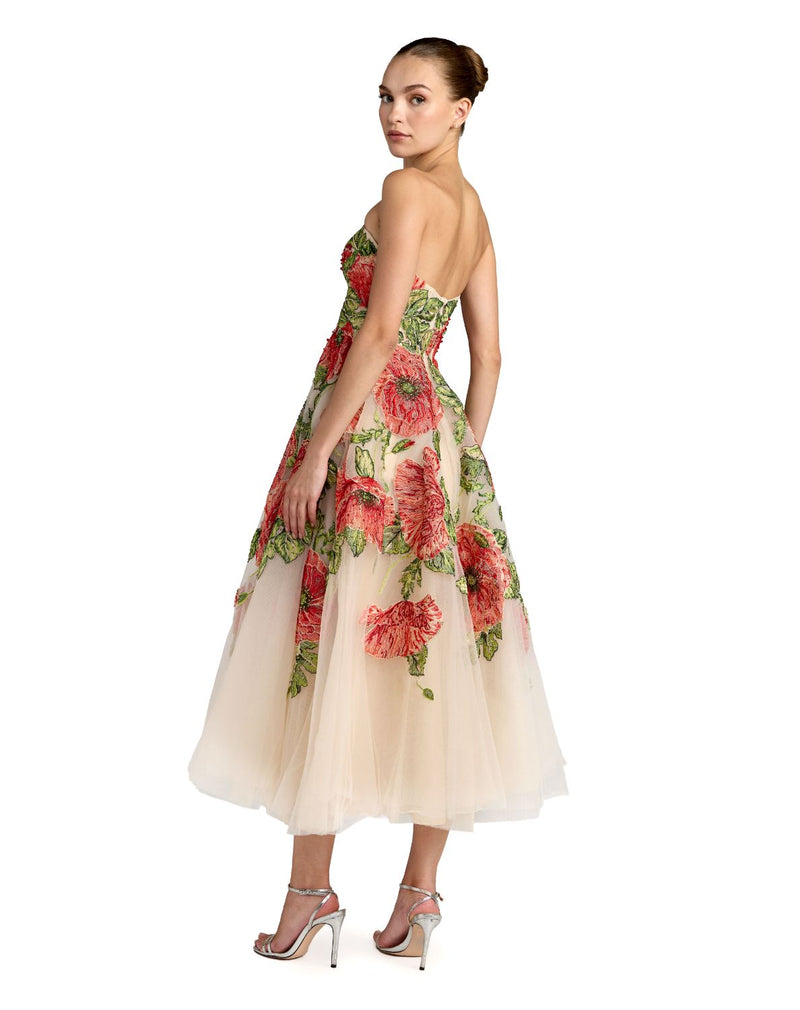 21300 - Beige Strapless Floral Embroidered A-Line Midi Dress by Mac Duggal in beige color for women in Singapore