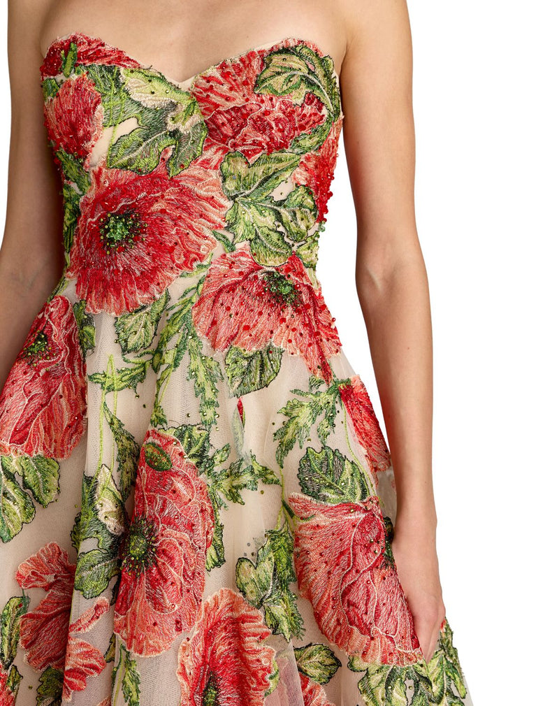 21300 - Beige Strapless Floral Embroidered A-Line Midi Dress by Mac Duggal in beige color for women in Singapore