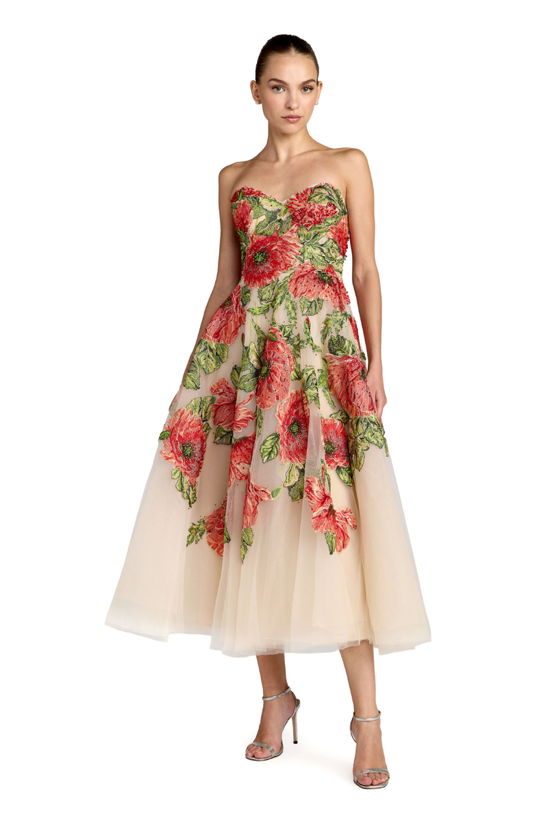 21300 - Beige Strapless Floral Embroidered A-Line Midi Dress by Mac Duggal in beige color for women in Singapore