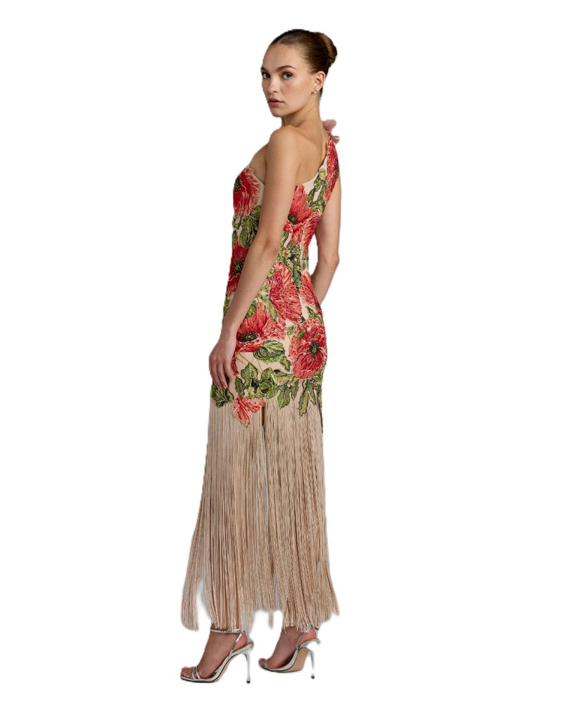 21303 - Beige one shoulder Fringe detail Long Dress by Mac Duggal in beige color for women in Singapore