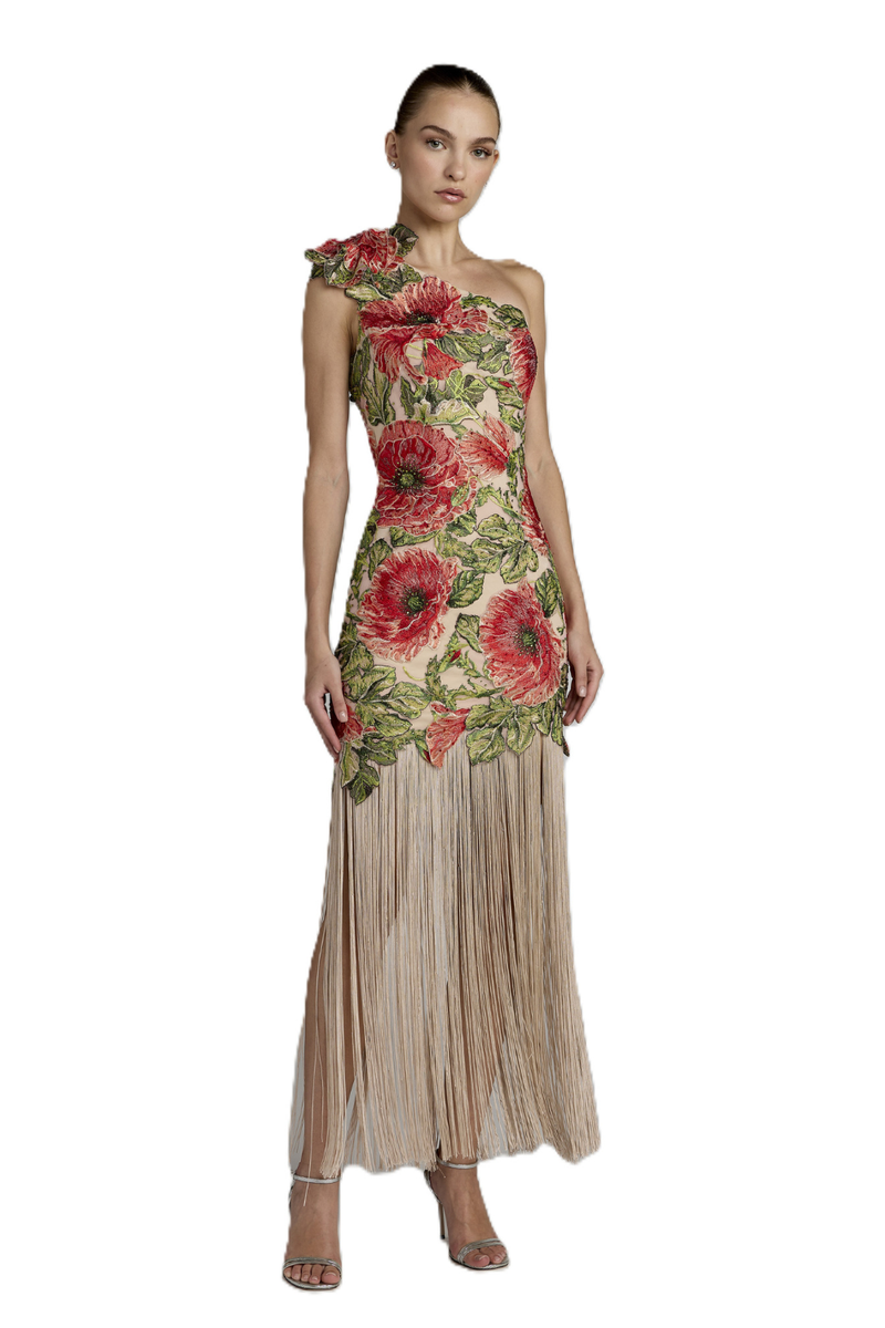 21303 - Beige one shoulder Fringe detail Long Dress by Mac Duggal in beige color for women in Singapore