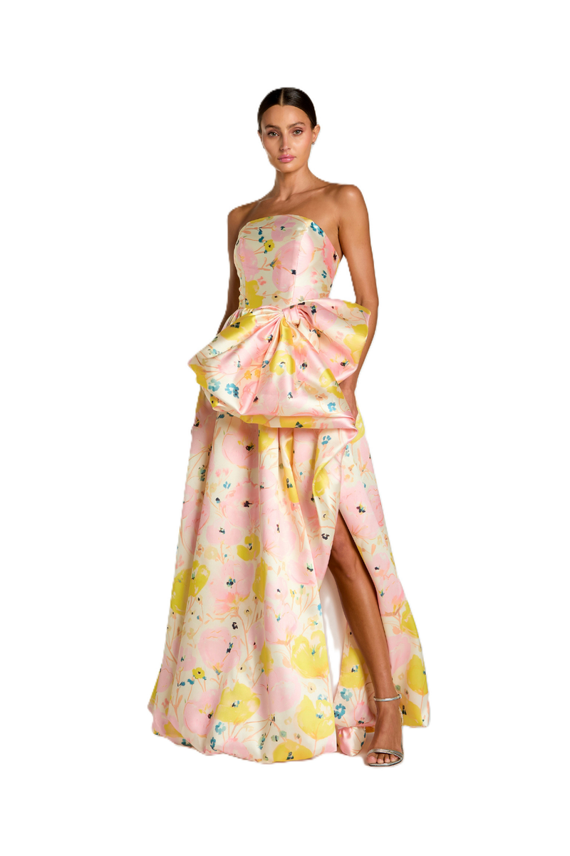 21376 - Pink Floral Strapless Bow High Slit Ball Gown polyester evening gowns by Mac Duggal in pink for women in Singapore