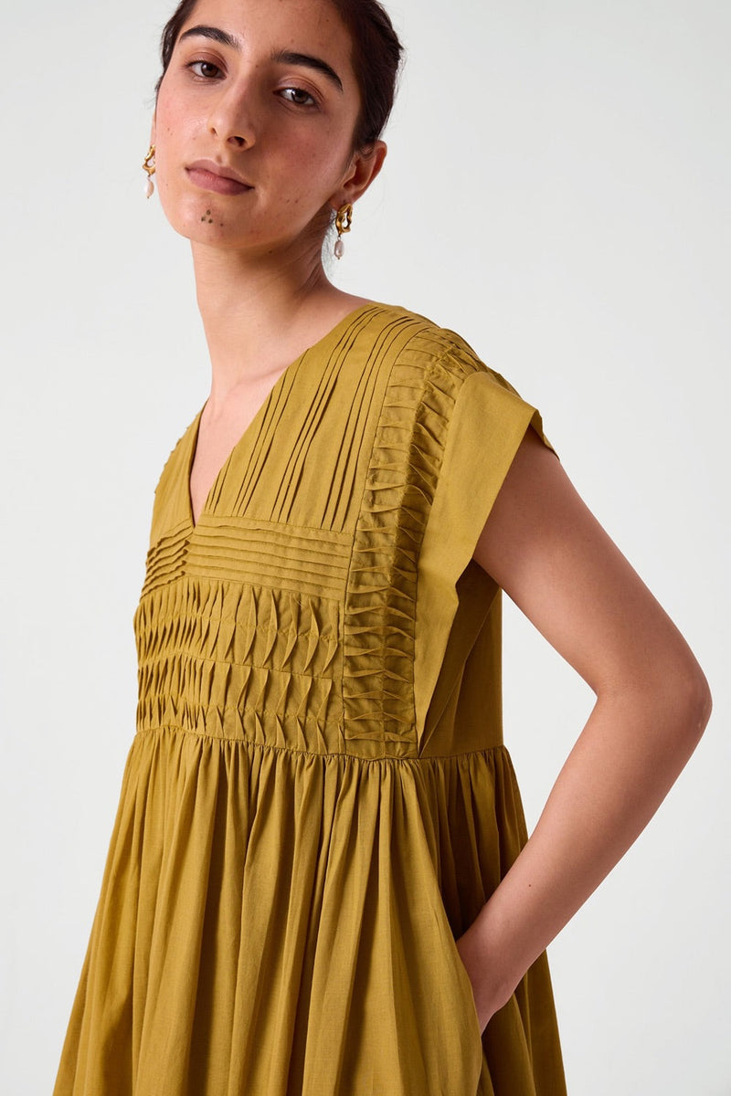 Aelia Yellow Pleated Midi Dress