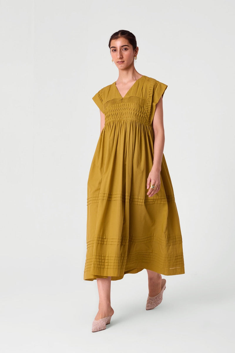 Aelia Yellow Pleated Midi Dress
