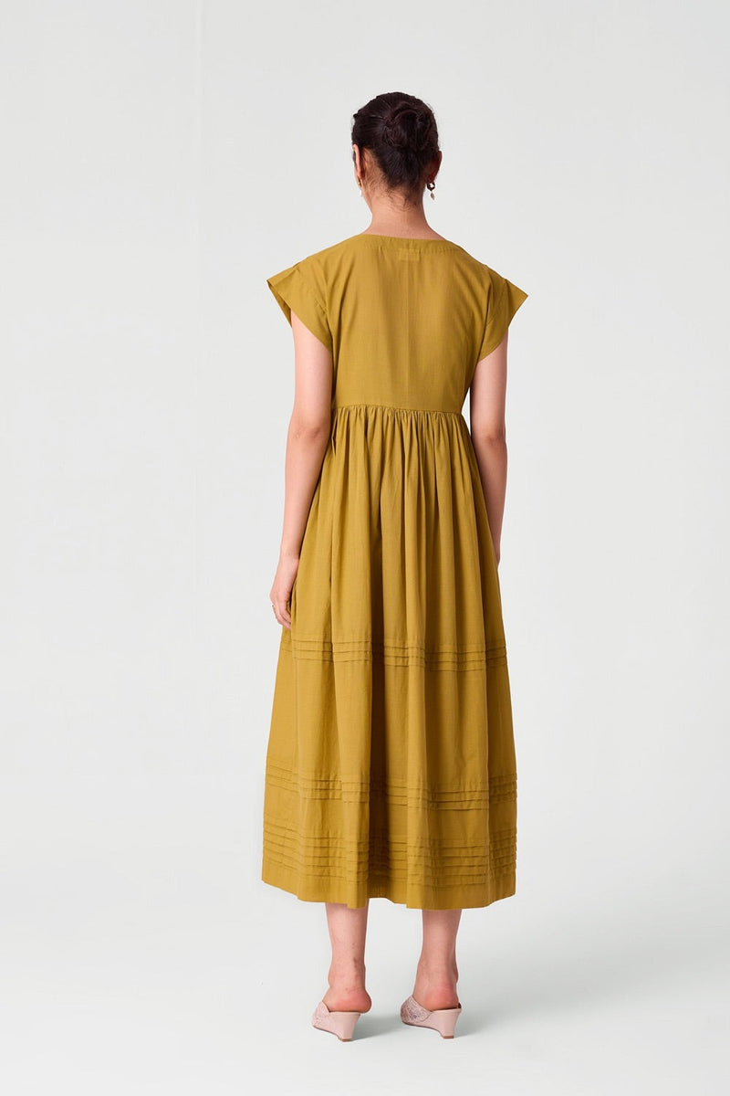 Aelia Yellow Pleated Midi Dress