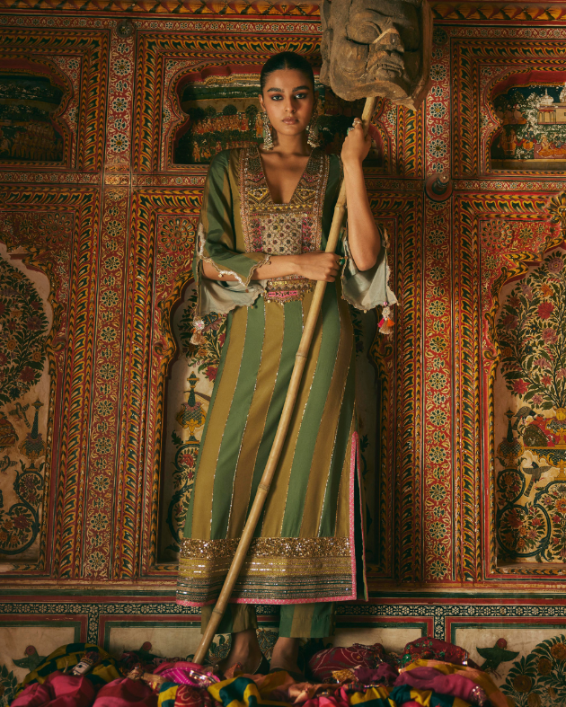 Khel Olive Green Yoke Embellished Kurta Set by Rajiramniq in green color for women in Singapore