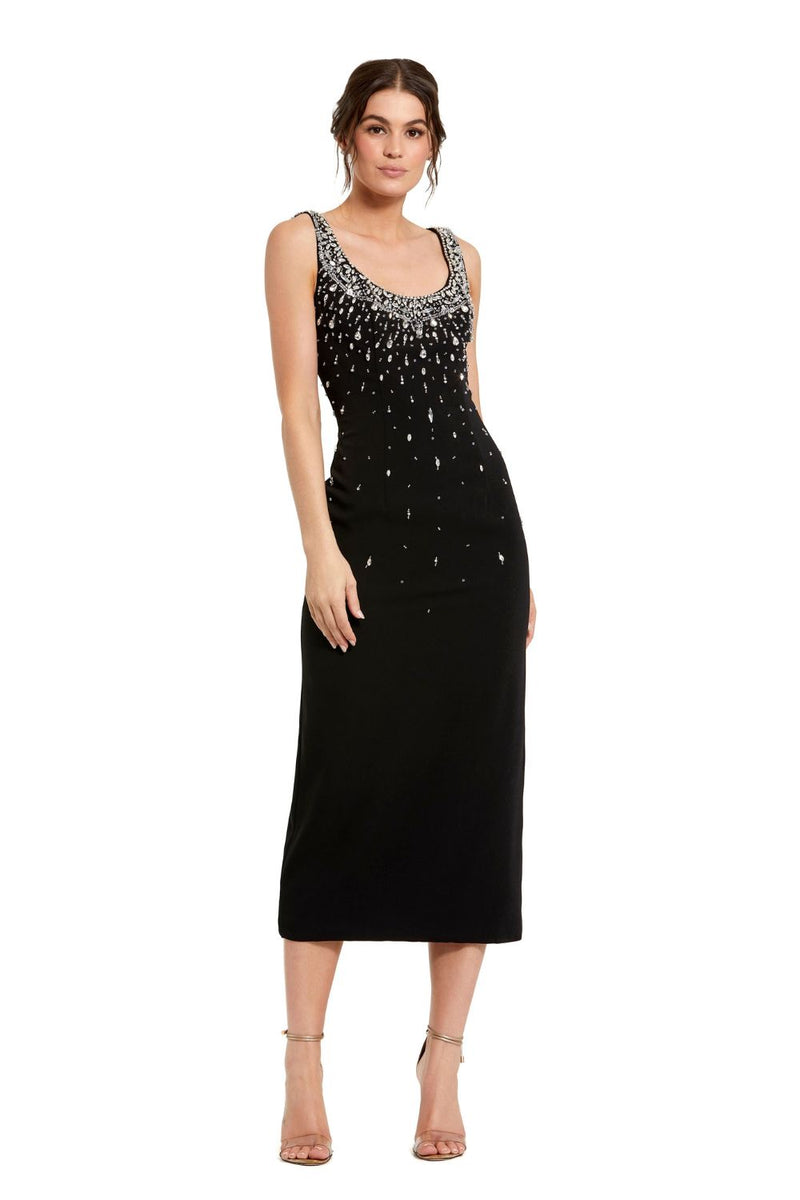 2259-Black Beaded Crepe Scoop Neck Sleeveless Midi Dress by Mac Duggal in black color for women in Singapore