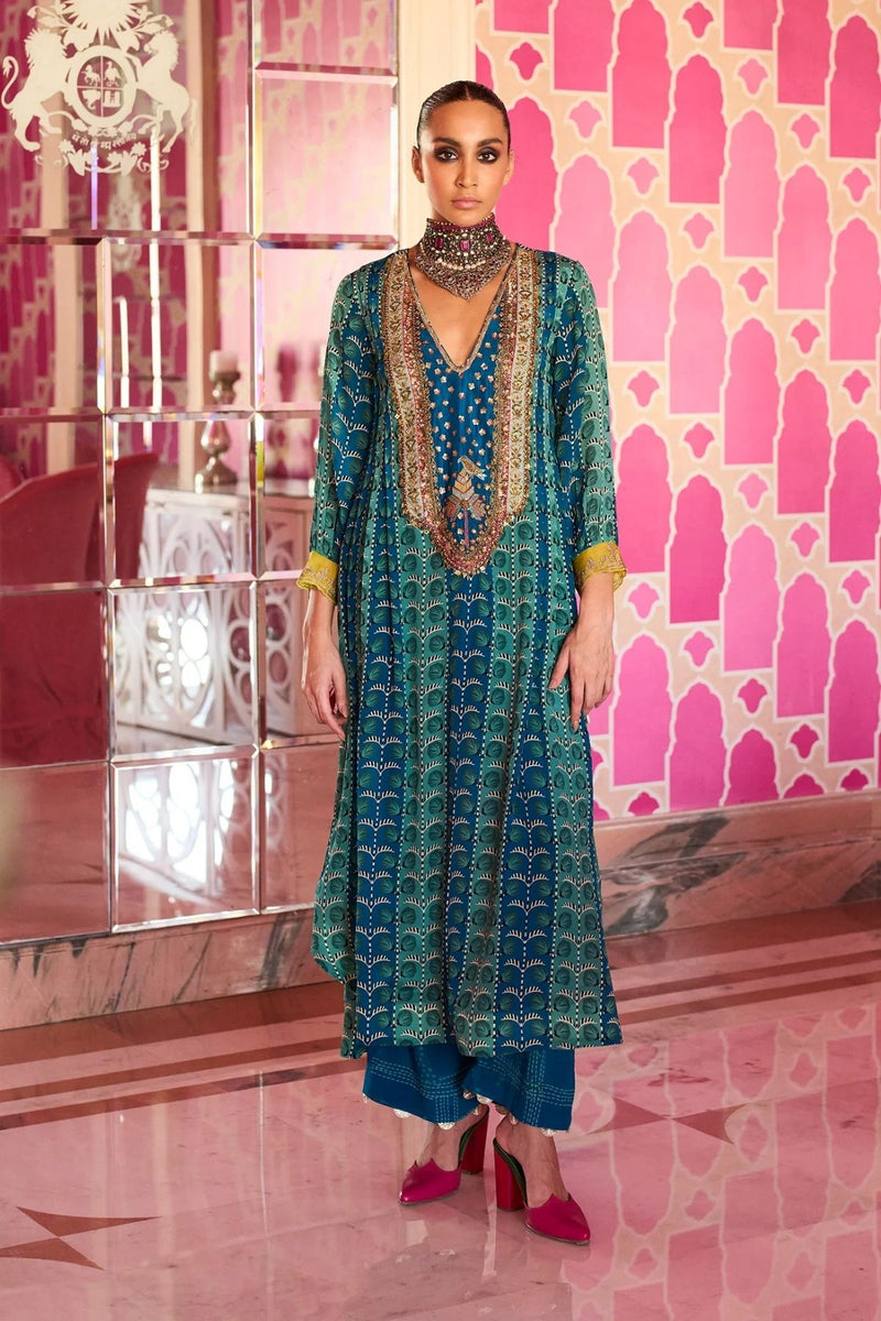 Retro Raani Teal Silk Yoke Kurta Set by Rajiramniq for women in Singapore
